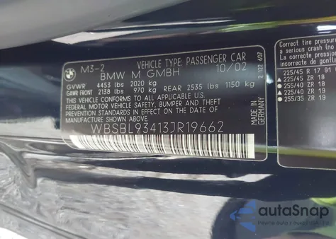 2003 BMW M3 from USA, damaged, VIN WBSBL93413JR19662